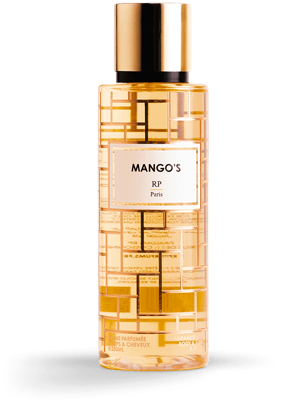 Brume Parfumée Mango's RP PARIS sur fond tropical, évoquant l'exotisme et la fraîcheur.