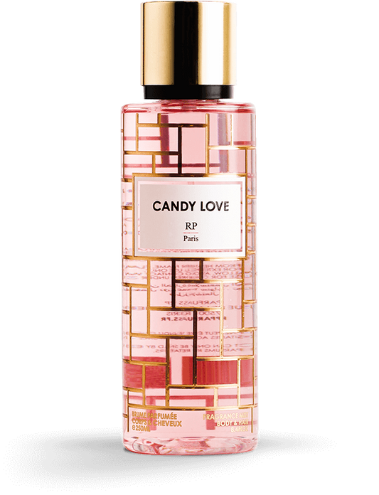Flacon élégant de Brume Parfumée Candy Love RP PARIS de 250 ML, aux nuances rosées, avec un design sophistiqué évoquant les notes de rose, oud, litchi, poire, bergamote, vanille et ambre.