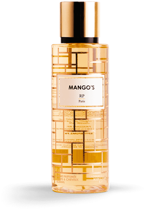 Brume Parfumée Mango's RP PARIS sur fond tropical, évoquant l'exotisme et la fraîcheur.