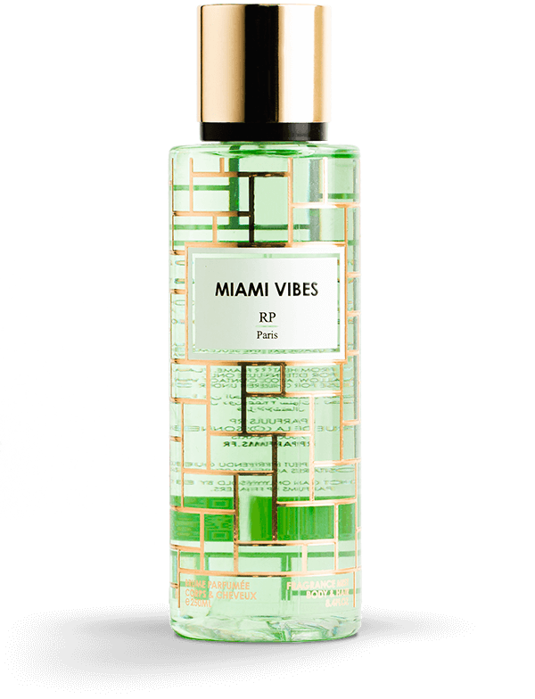 Brume Parfumée Miami Vibes RP PARIS sur fond estival, évoquant fraîcheur et élégance.