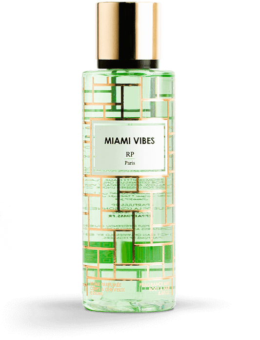 Brume Parfumée Miami Vibes RP PARIS sur fond estival, évoquant fraîcheur et élégance.
