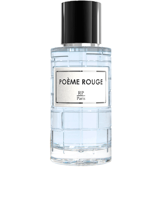 Flacon raffiné de Poème Rouge - RP Paris 50 ML, une fragrance élégante aux notes de fraise, jasmin, bergamote et patchouli.