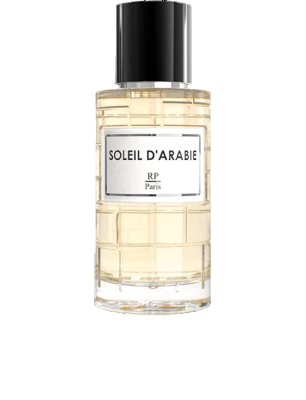 Soleil d'Arabie Parfum RP Paris 50 ML sur fond luxueux, évoquant l'élégance et la sophistication.